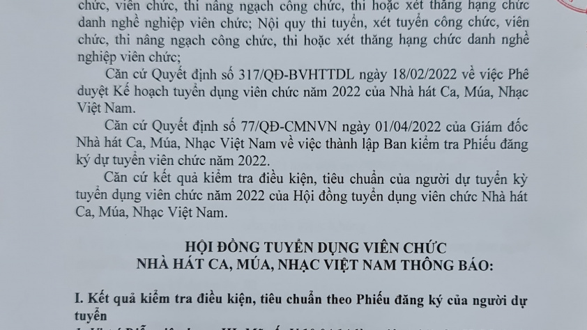 Thông báo  Kết quả kiểm tra điều kiện, tiêu chuẩn của người dự tuyển viên chức năm 2022 của Nhà hát Ca, Múa, Nhạc Việt Nam